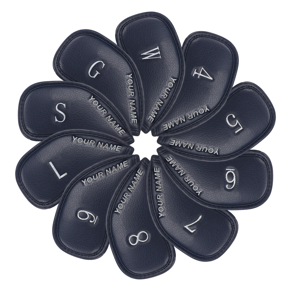 Personalized Black Leather Iron Head Covers Set With Your Name (4-9,W,G,S,L)