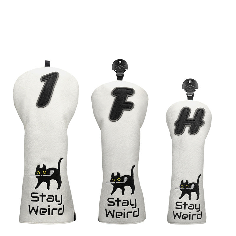 Black Cat Leather Golf Head Covers Set, Driver, Fairway and Hybrid.