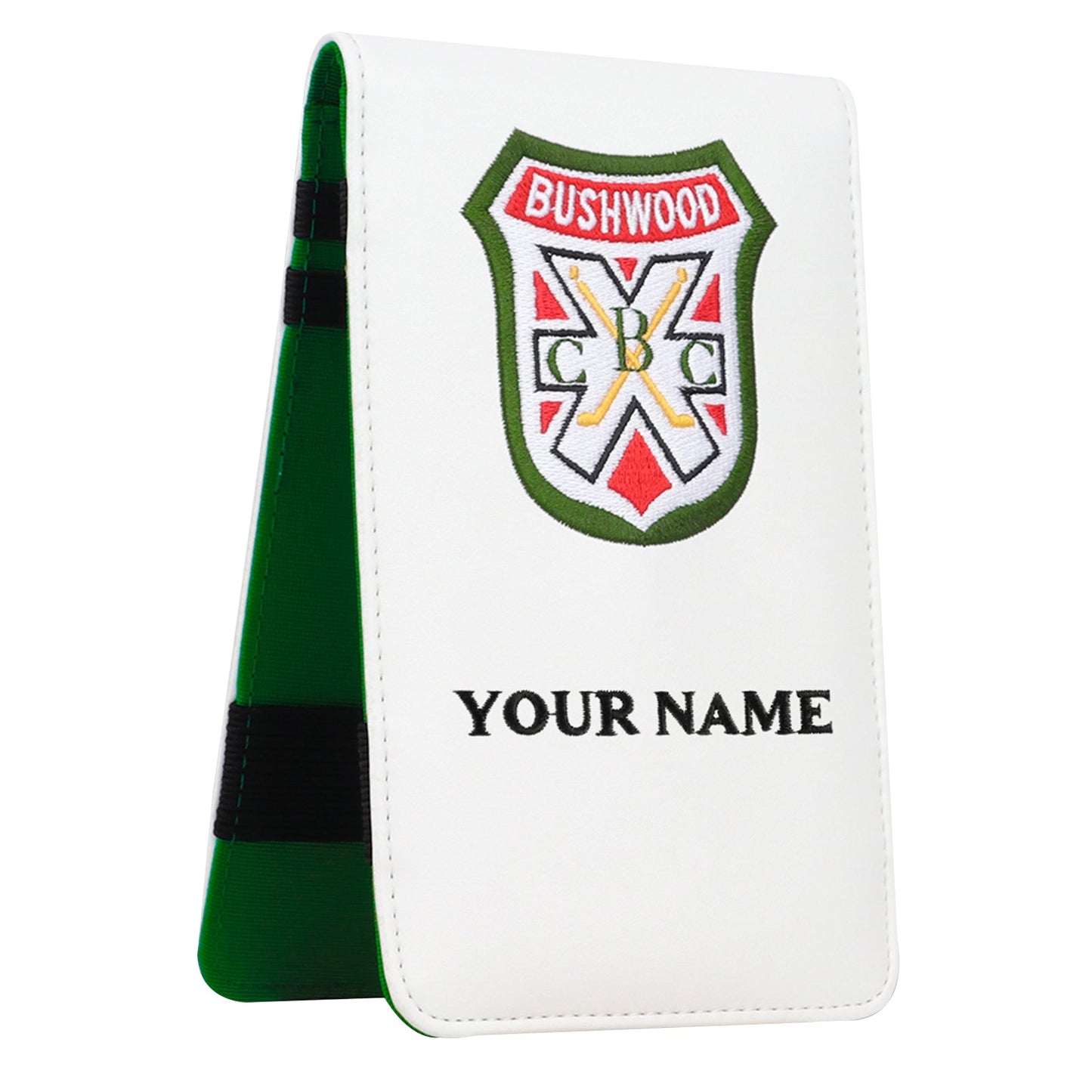 Custom White Leather Shield Scorecard & Yardage Book Holder