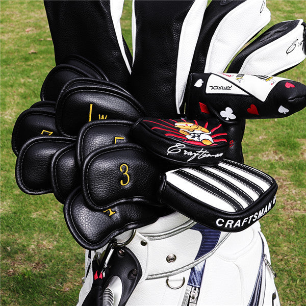 Gold Numbers Embroidered Black Leather Iron Head Cover Set -Craftsman Golf