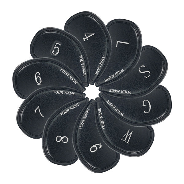 Personalized Black Leather Iron Head Covers Set With Your Name (4-9,W,G,S,L)