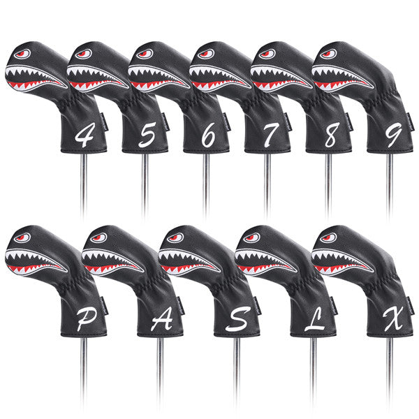 Shark Embroidered Black Leather Iron Head Cover Set