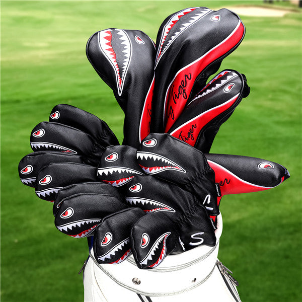 Shark Embroidered Black Leather Iron Head Cover Set