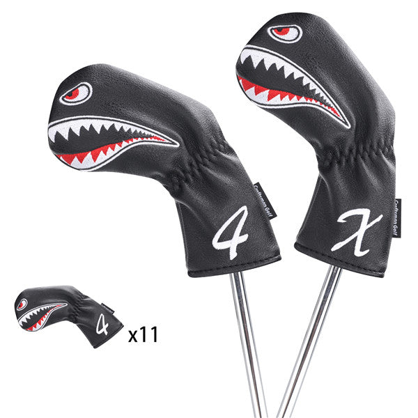Shark Embroidered Black Leather Iron Head Cover Set