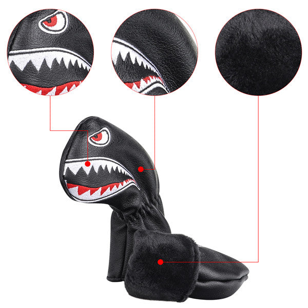 Shark Embroidered Black Leather Iron Head Cover Set
