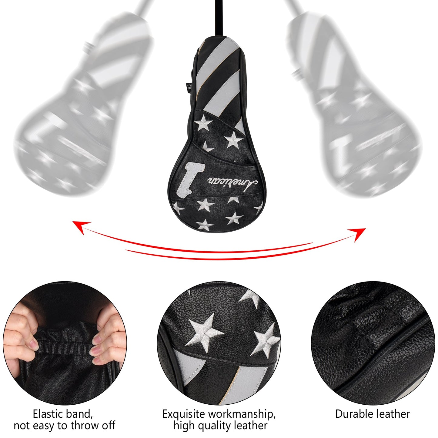 Stars and Stripes Black Leather Golf Wood Head Cover