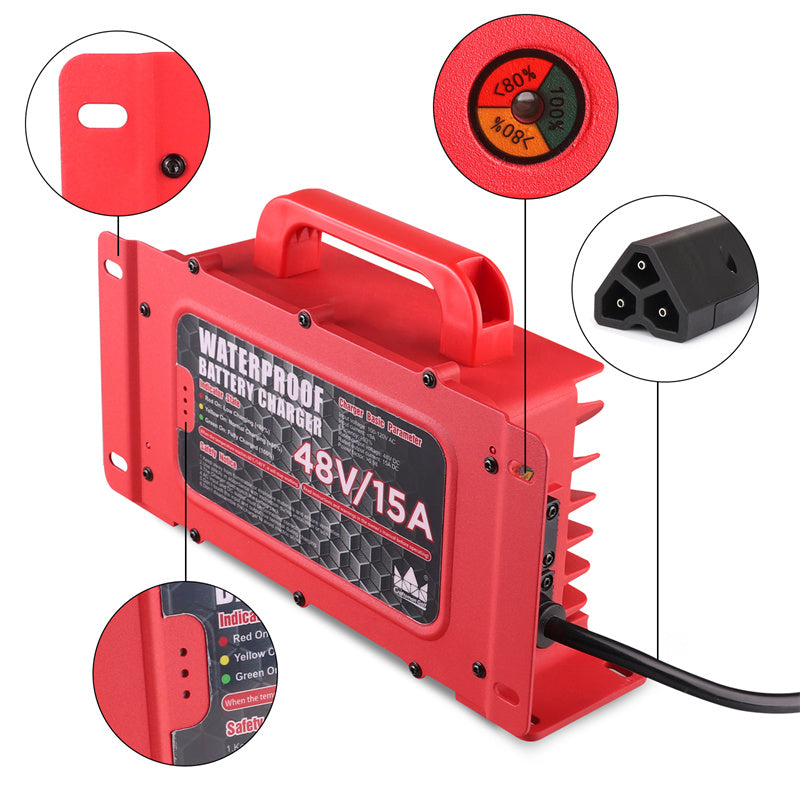 Waterproof EZGO 15 AMP 48 Volt Golf Cart Battery Charger TXT RXV With 3-Pin Handle Plug - Craftsman golf