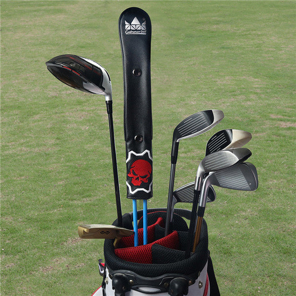 Black leather Skull Alignment Stick Covers with Snap Button - CraftsmanGolf