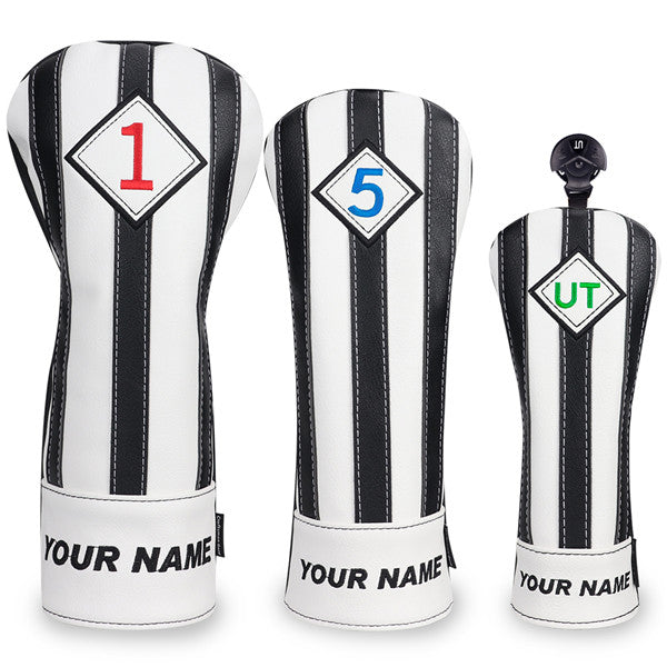 Craftsman Golf® Custom Your Name Black & White Stripe Leather Golf Head Covers