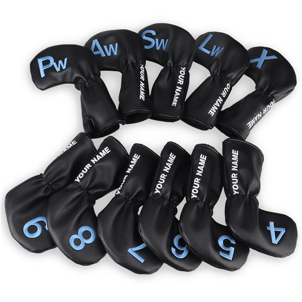 Custom With Your Name Black Leather Blue number Iron Headcovers Set