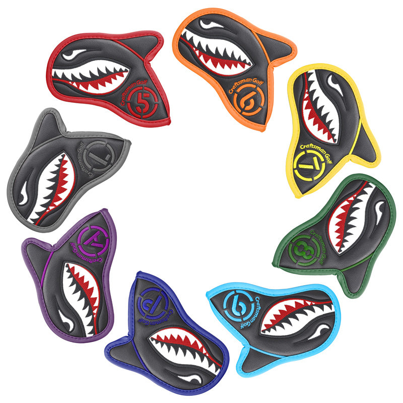 Vivid Shark Embroidery With 3D Fin Visible Red Numbers Iron Cover Set - Craftsman golf