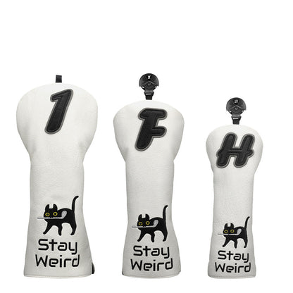 Black Cat Leather Golf Head Covers Set, Driver, Fairway and Hybrid.