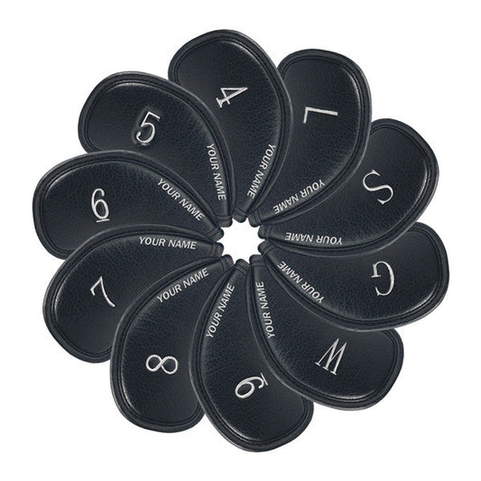 Personalized Black Leather Iron Head Covers Set With Your Name (4-9,W,G,S,L)