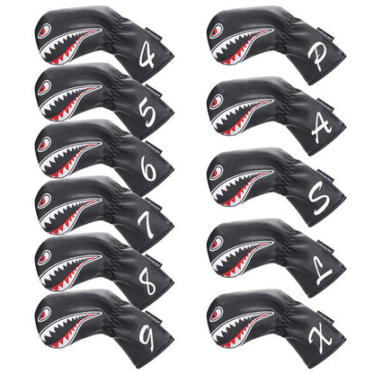 Shark Embroidered Black Leather Iron Head Cover Set