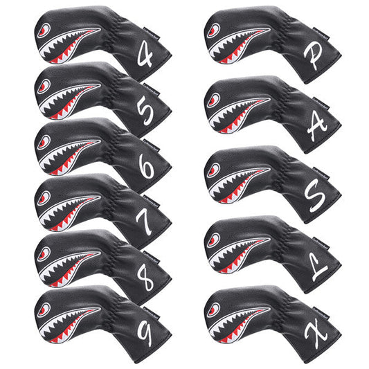 Shark Embroidered Black Leather Iron Head Cover Set