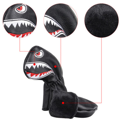Shark Embroidered Black Leather Iron Head Cover Set