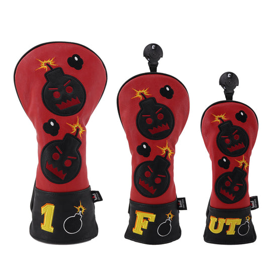 Red Black Leather Angry Bombs Golf Head Covers - CraftsmanGolf
