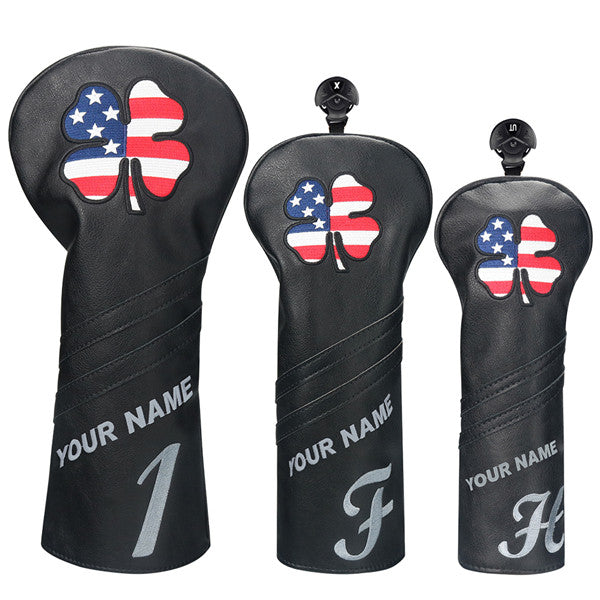 Custom Black Leather Lucky Clover Golf Headcovers - CraftsmanGolf