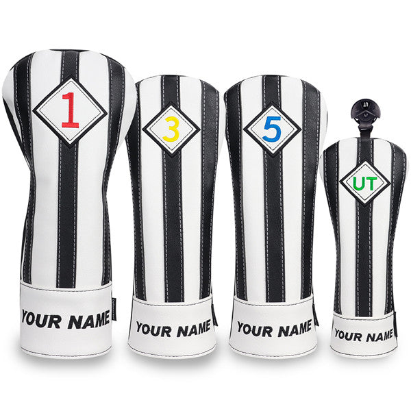 Craftsman Golf® Custom Your Name Black & White Stripe Leather Golf Head Covers