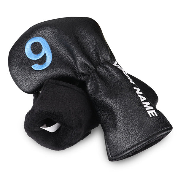 Custom With Your Name Black Leather Blue number Iron Headcovers Set