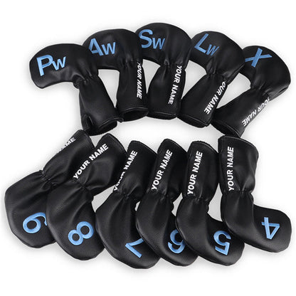 Custom With Your Name Black Leather Blue number Iron Headcovers Set